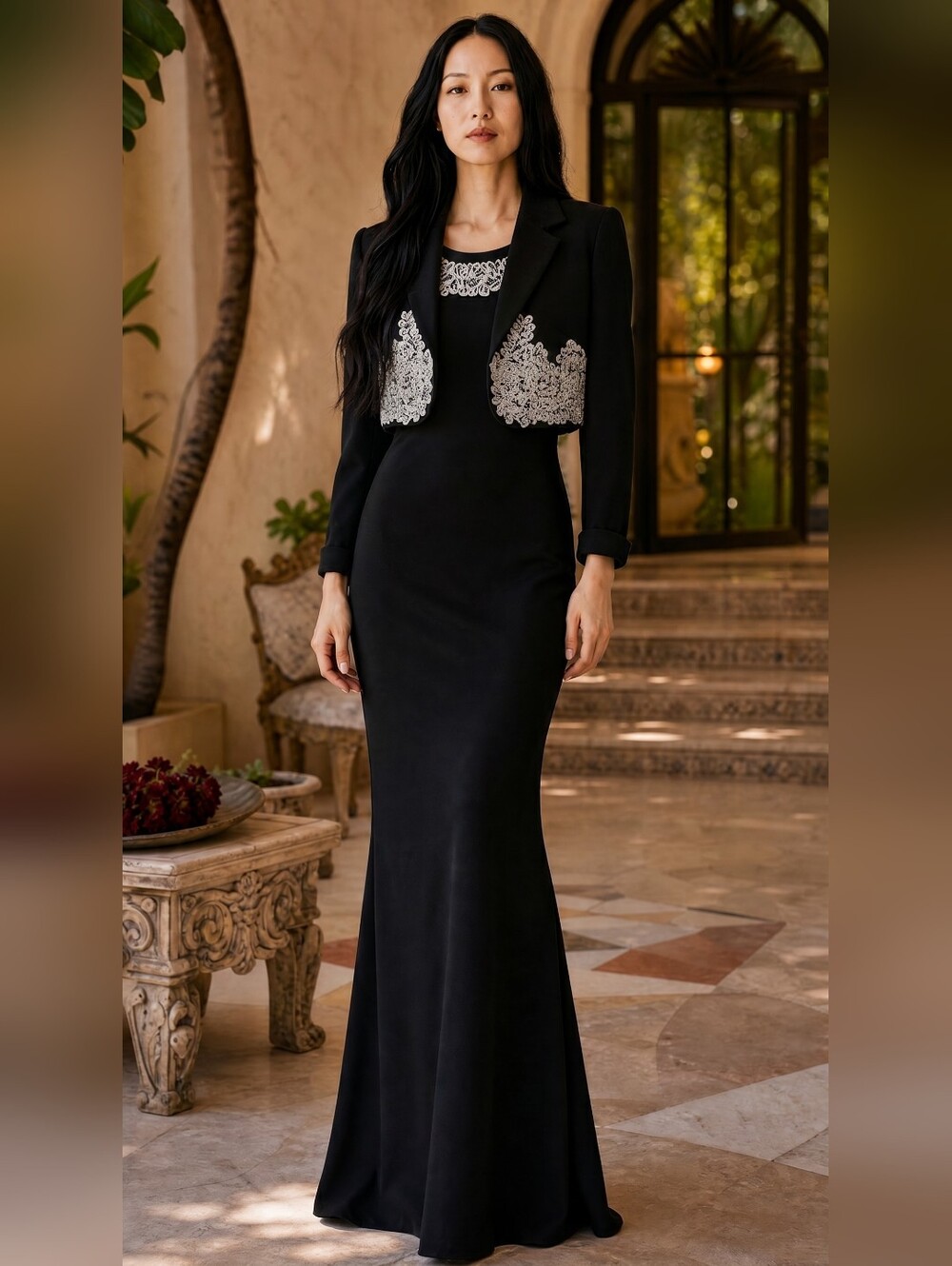 Vtg. Badgley Mischka 2Pc Blk/White Rhinestone Pearl Accent Lace Crop Jacket Gown